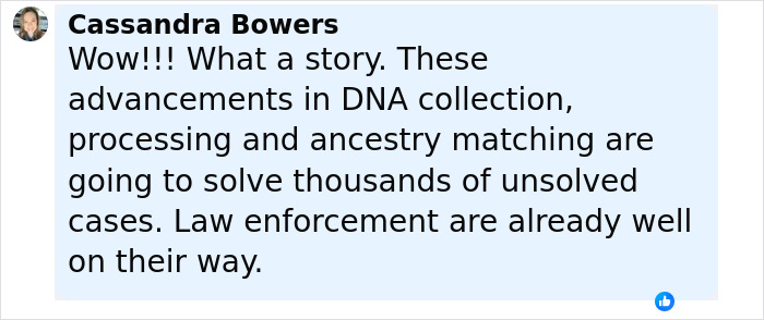 Comment by Cassandra Bowers expressing amazement at DNA advancements helping solve missing persons cases, related to sisters discovered alive.
