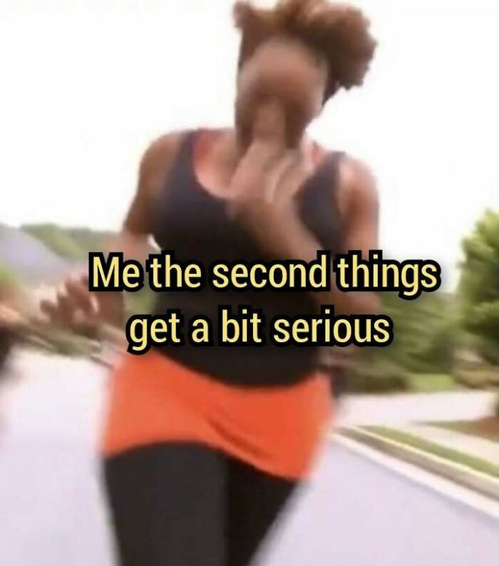 Woman running away quickly with blurred motion, illustrating evil thoughts in an unhinged meme format.