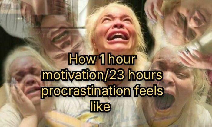 Person with various distressed expressions, illustrating procrastination and motivation struggles in an unhinged meme style.