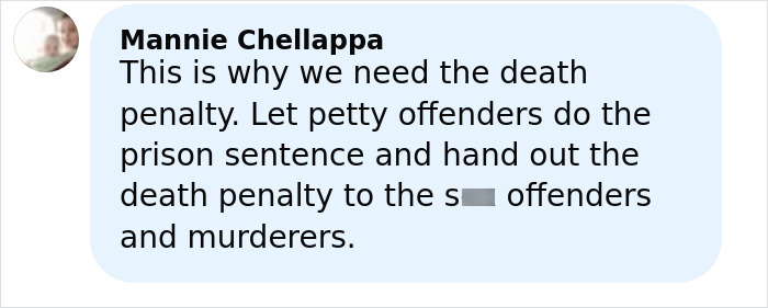 Comment advocating for the death penalty for offenders and murderers, expressing frustration over justice.
