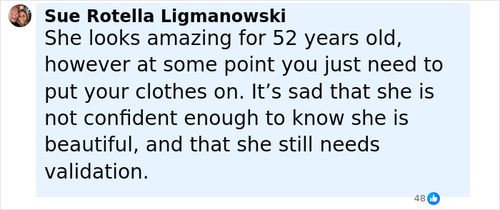 Comment by Sue Rotella Ligmanowski praising Heidi Klum&rsquo;s sheer dress but questioning her confidence and need for validation.
