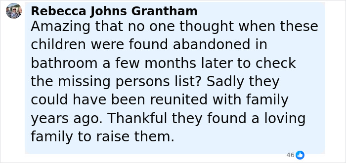 User comment on a social post reflecting on sisters discovered alive 36 years after being reported missing.