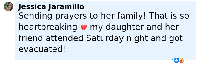 Comment expressing condolences after woman, 23, loses her life in freak accident at music festival featuring Post Malone.