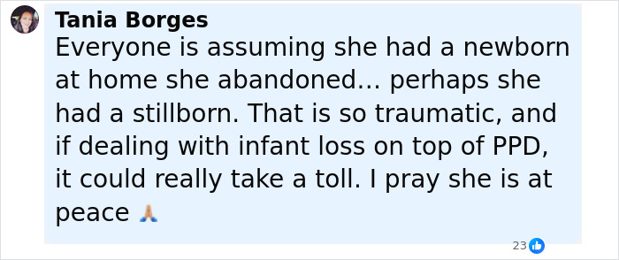 Comment from Tania Borges expressing sympathy and discussing trauma related to infant loss and postpartum depression.