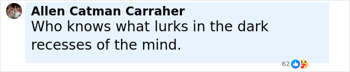 Comment by Allen Catman Carraher saying who knows what lurks in the dark recesses of the mind, related to Sounds So Sus Disney superfan.