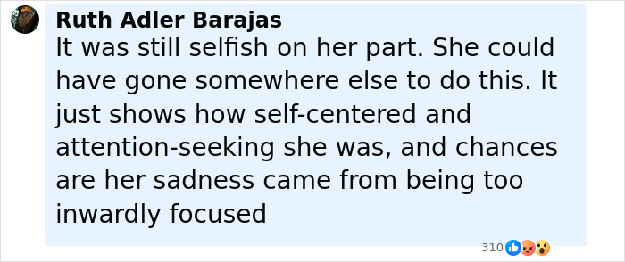 Facebook comment by Ruth Adler Barajas discussing a Disney superfan&rsquo;s selfishness and inward focus in a serious tone.