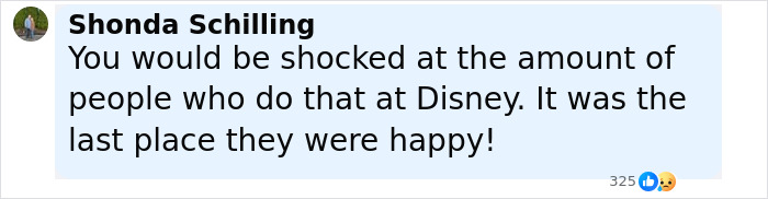 Comment from Shonda Schilling about people at Disney being happy, related to Disney superfan story update.