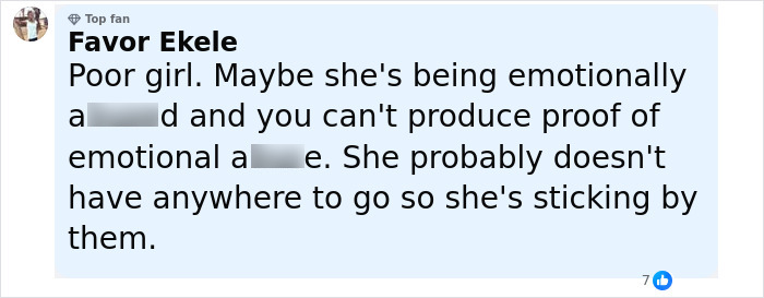 Comment by Favor Ekele on social media discussing emotional abuse related to a woman missing for 27 years.