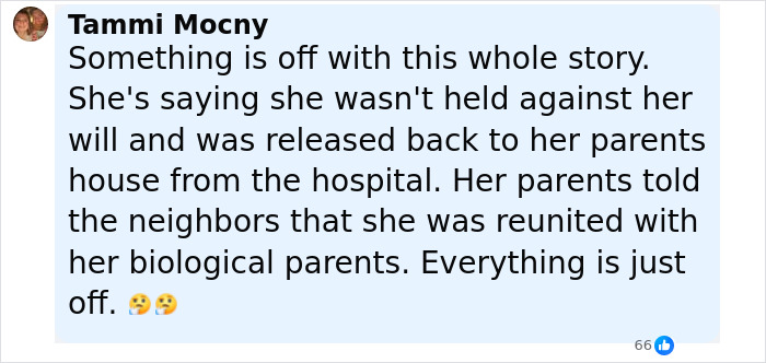 Comment by Tammi Mocny discussing doubts about a woman missing for 27 years who was found emaciated and reunited with parents.