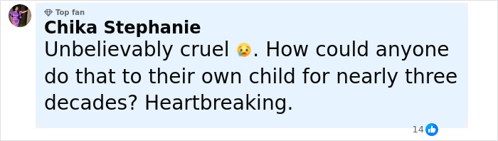 Alt text: Social media comment expressing heartbreak over woman missing for 27 years found emaciated and breaking silence.