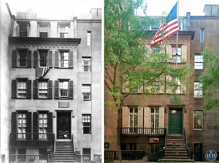 Side-by-side view of historic houses restored to their historical glory, showing before and after restoration details.