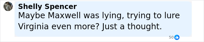 Comment by Shelly Spencer discussing Maxwell and Virginia Giuffre in the context of George Clooney breaking silence on allegation.