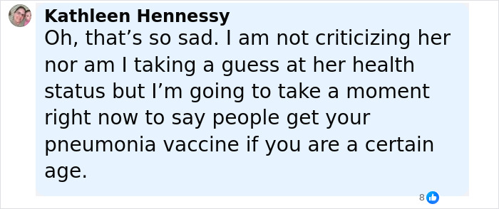 Comment by Kathleen Hennessy discussing pneumonia vaccine advice related to Diane Keaton cause revealed after unexpected passing.