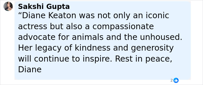 Comment highlighting Diane Keaton as a compassionate advocate inspiring kindness and generosity after her passing