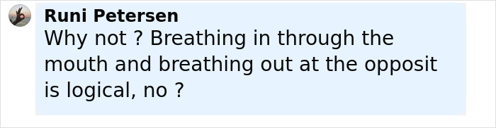 Comment by Runi Petersen questioning the logic of breathing in through the mouth and out through the bottom on social media. Comment by Runi Petersen questioning the logic of breathing in through the mouth and out through the bottom on social media.