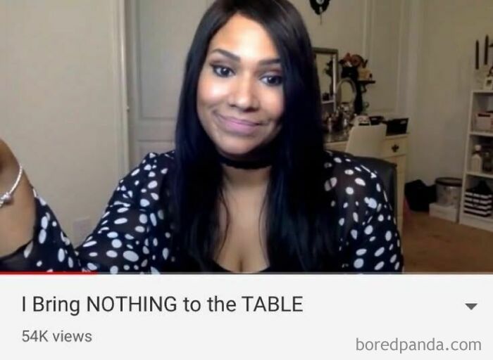 Woman with long dark hair and polka dot blouse making a confused face, paired with a meme about evil thoughts.