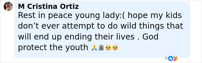 Social media comment mourning 12YO who lost her life subway surfing, urging protection and caution for youth online risks.