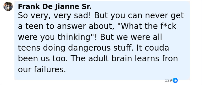 Comment about teen subway surfing dangers and adult brain learning from failures shared by Frank De Jianne Sr.
