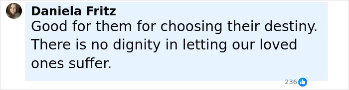 Comment by Daniela Fritz expressing support for Holocaust survivor Ruth Posner and husband after they took their own lives.