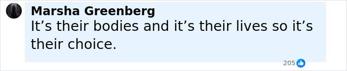 Marsha Greenberg shares a comment supporting personal choice in a social media post with 205 reactions.