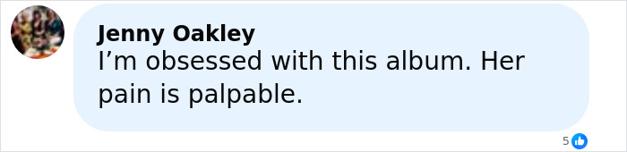 Alt text: Comment by Jenny Oakley expressing obsession with Lily Allen's brutal album and acknowledging her palpable pain.