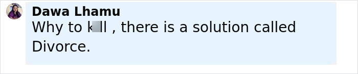 Screenshot of a social media comment by Dawa Lhamu discussing solutions to relationship issues, related to wife&rsquo;s autopsy case.