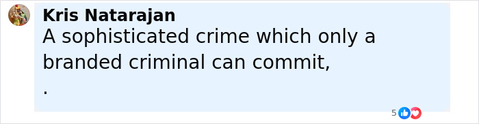 Comment by Kris Natarajan discussing a sophisticated crime linked to a branded criminal in a social media post.