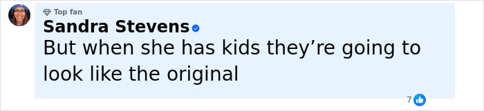 Comment from Sandra Stevens, a top fan, discussing children resembling the original in a social media post.
