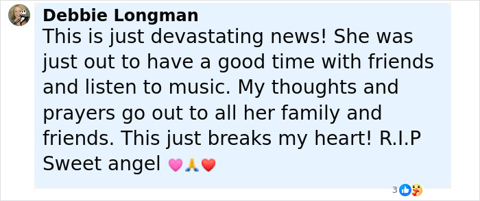 Comment expressing sorrow over woman, 23, who lost her life in freak accident at music festival for Post Malone.