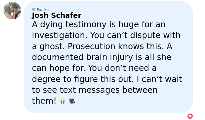 Comment from Josh Schafer emphasizing the importance of a dying testimony and brain injury in a legal investigation. Comment from Josh Schafer emphasizing the importance of a dying testimony and brain injury in a legal investigation.
