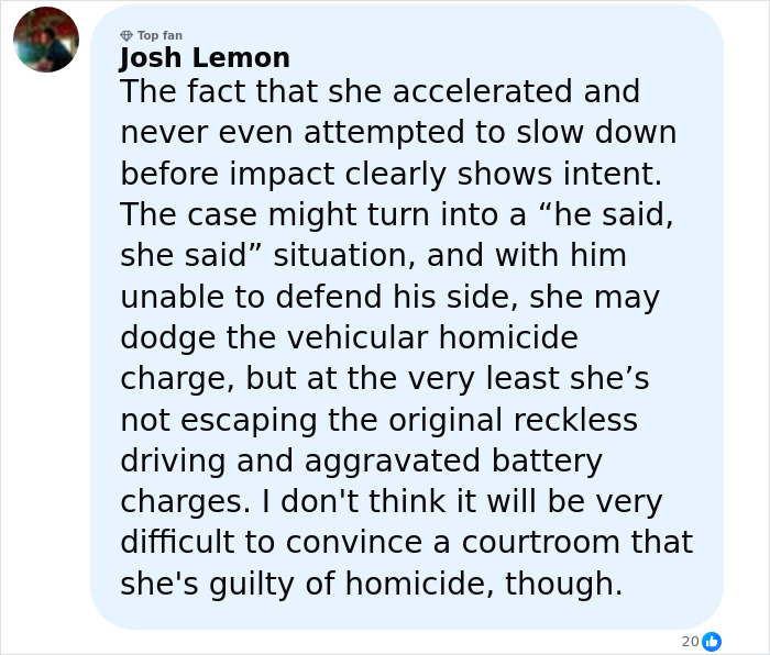 Comment from a Florida dad-to-be discussing intent and legal charges in a vehicular homicide case involving his girlfriend. Comment from a Florida dad-to-be discussing intent and legal charges in a vehicular homicide case involving his girlfriend.