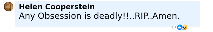Comment by Helen Cooperstein expressing concern about deadly obsessions, related to vegan woman found lifeless after raw diet. Comment by Helen Cooperstein expressing concern about deadly obsessions, related to vegan woman found lifeless after raw diet.