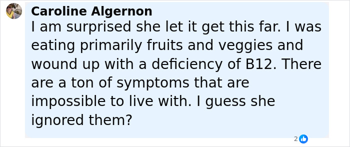 Comment by Caroline Algernon discussing B12 deficiency and symptoms related to vegan woman adopting new raw diet. Comment by Caroline Algernon discussing B12 deficiency and symptoms related to vegan woman adopting new raw diet.
