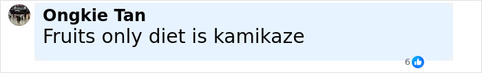 Comment by Ongkie Tan stating Fruits only diet is kamikaze on a social media post discussing vegan woman and raw diet risks. Comment by Ongkie Tan stating Fruits only diet is kamikaze on a social media post discussing vegan woman and raw diet risks.