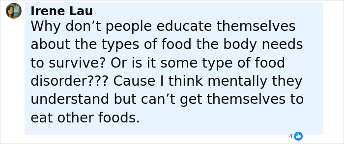 Comment by a user discussing the need to educate about food types for survival in relation to vegan woman and raw diet topics. Comment by a user discussing the need to educate about food types for survival in relation to vegan woman and raw diet topics.