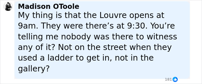 Comment by Madison OToole questioning the absence of witnesses during the Louvre robbery by notorious jewel thieves.