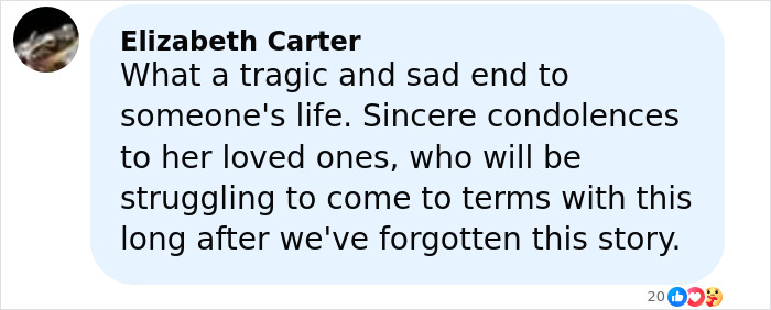 Comment from Elizabeth Carter expressing condolences on the elderly woman stranded on a remote island by cruise ship.