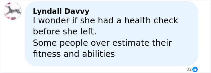 Comment by Lydall Davvy questioning if the elderly woman had a health check before being stranded on a remote island.