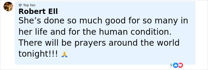 Comment from Robert Ell expressing support and prayers for Dolly Parton amid health struggles.