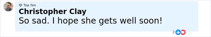 Comment by Christopher Clay expressing sadness and wishing Dolly Parton well amid her health struggles.