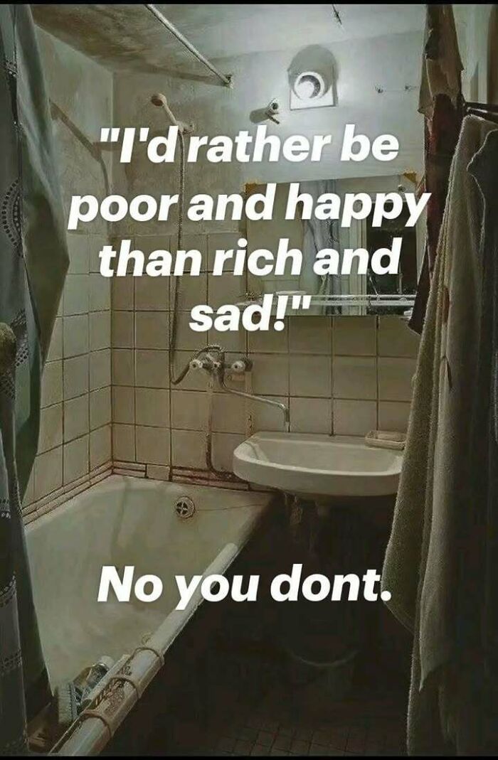 A dim, worn bathroom with a dark meme text overlay reflecting evil thoughts and unhinged humor.