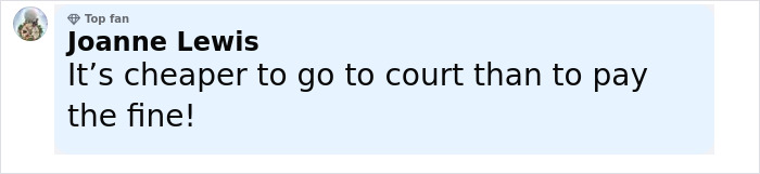 Comment from Joanne Lewis, a top fan, stating that going to court is cheaper than paying the fine after Disney vacation dispute.