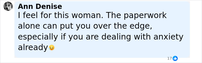 Facebook comment expressing sympathy for an 82-year-old woman dealing with anxiety and overwhelming paperwork.