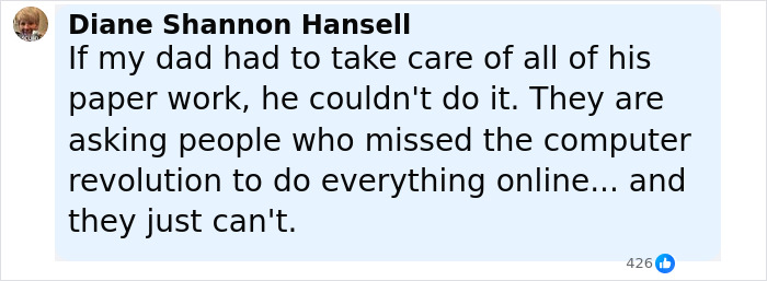 Screenshot of a social media comment discussing challenges faced by elderly individuals with paperwork and online tasks.