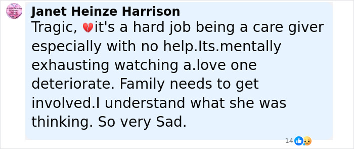 Facebook comment expressing sadness about the mental exhaustion of caregiving in a fatal attack case.