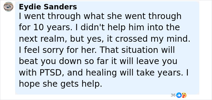 Comment expressing sympathy and PTSD struggles related to an 82-year-old woman fatally attacking her husband.