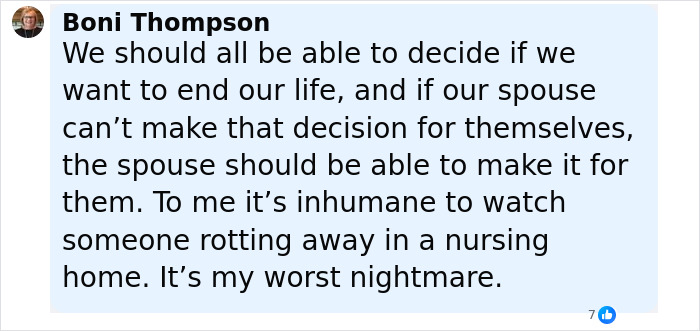 Comment by Boni Thompson discussing end-of-life decisions and caring for a spouse, related to elderly couple conflict.