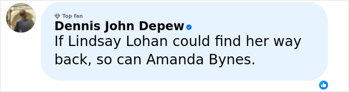 Comment from Dennis John Depew mentioning Amanda Bynes and her journey compared to Lindsay Lohan.