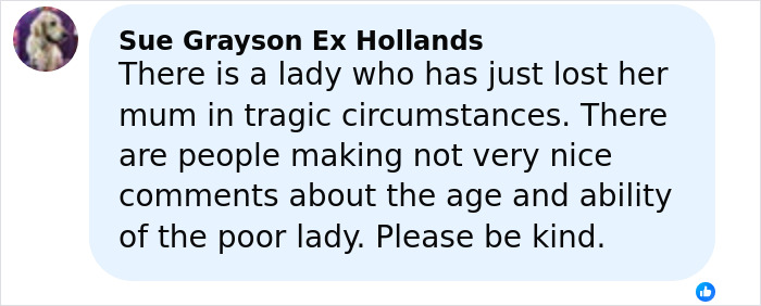 Comment from Sue Grayson Ex Hollands expressing sympathy for a daughter revealing final moments of elderly woman stranded on remote island.