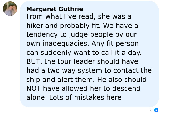 Comment by Margaret Guthrie discussing mistakes made after an elderly woman was stranded on a remote island by a cruise ship.